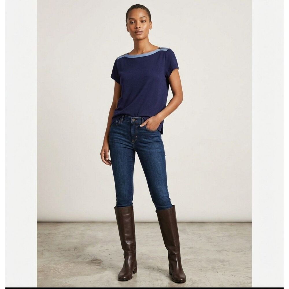 Lauren Ralph Lauren Navy Blue Shoulder-Zip/Button Boatneck Tee Size XL